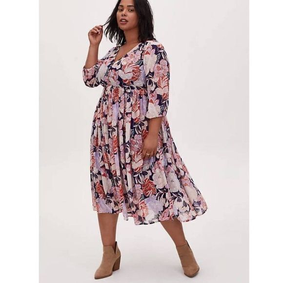 Torrid Floral Swiss Dot Button Down Tea Length Dress Navy Multi Womens Size 1 1X - Picture 1 of 9